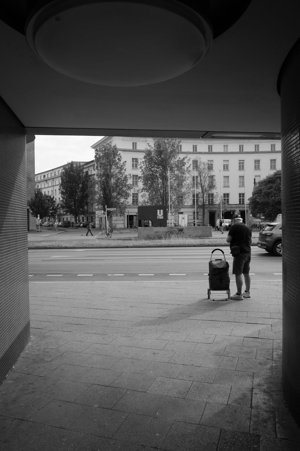 A person with a shopping trolley standing at the curb