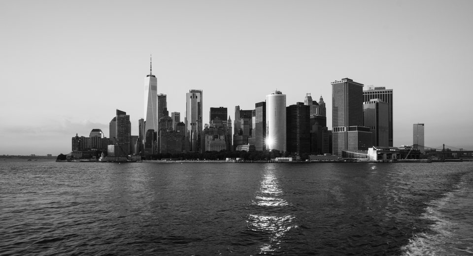 Lower Manhattan skyline reflected in the water
